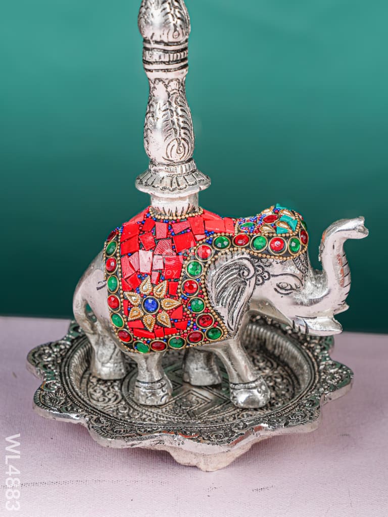 White Metal Kuthu Vilaku with Annapakshi & Elephant - 18 inch - WL4883