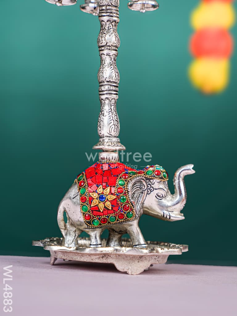 White Metal Kuthu Vilaku with Annapakshi & Elephant - 18 inch - WL4883