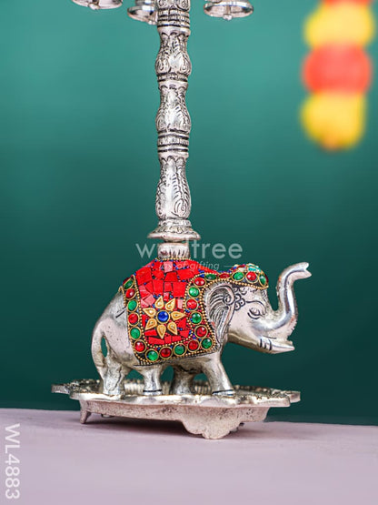 White Metal Kuthu Vilaku with Annapakshi & Elephant - 18 inch - WL4883