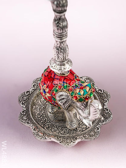 White Metal Kuthu Vilaku with Annapakshi & Elephant - 18 inch - WL4883