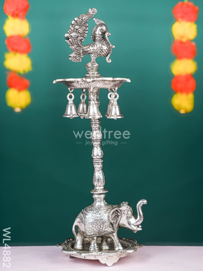 White Metal Kuthu Vilaku with Annapakshi & Elephant - 19 inch - WL4882
