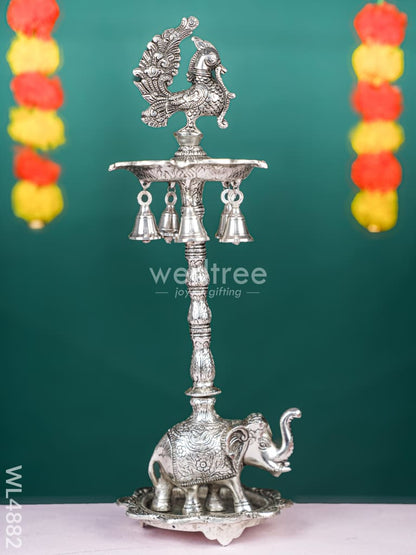 White Metal Kuthu Vilaku with Annapakshi & Elephant - 19 inch - WL4882