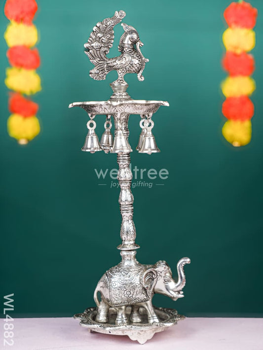 White Metal Kuthu Vilaku with Annapakshi & Elephant - 19 inch - WL4882