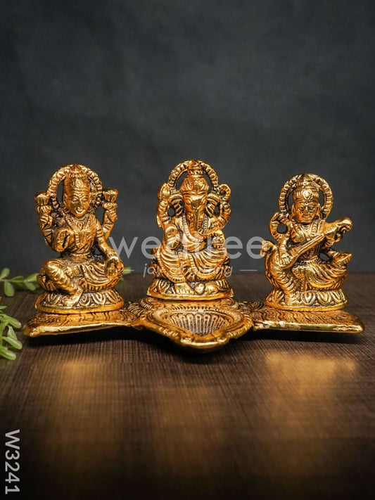 White Metal Lakshmi, Ganesha, Saraswati Diya - W3241