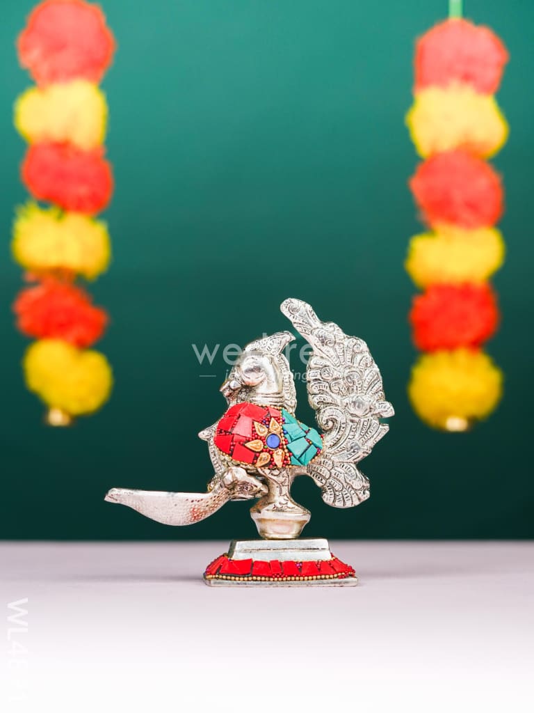White Metal Peacock with Diya - 5 inch - WL4891