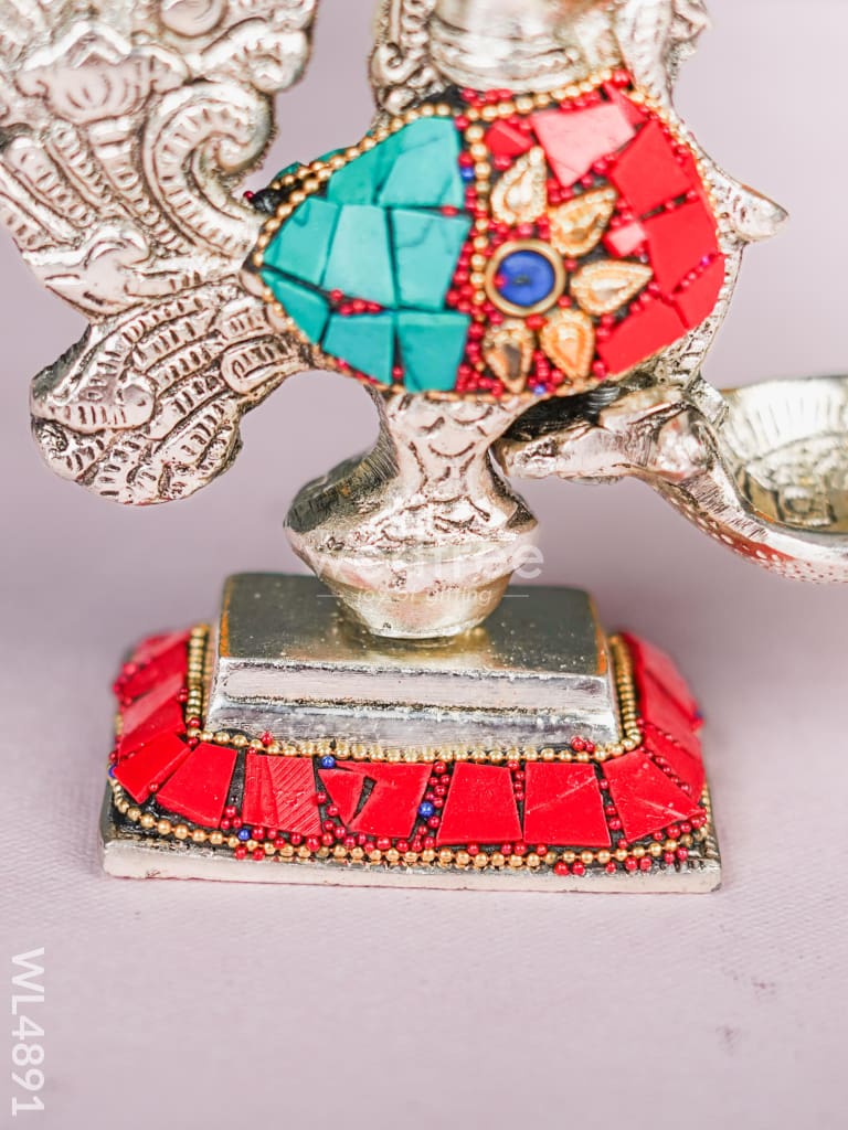 White Metal Peacock with Diya - 5 inch - WL4891