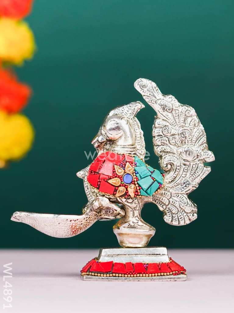 White Metal Peacock with Diya - 5 inch - WL4891