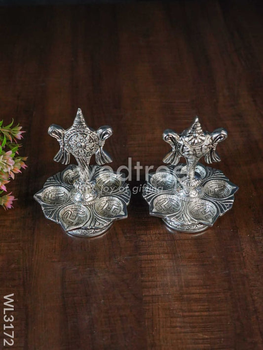 White Metal Shanku Chakra 5 Face Diya - Set of 2 - WL3172