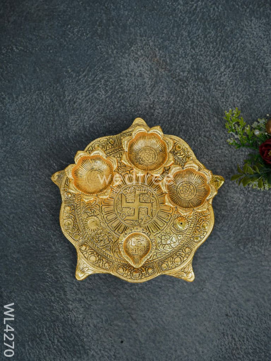 White Metal Swastik Pooja Thali with Diya - WL4270