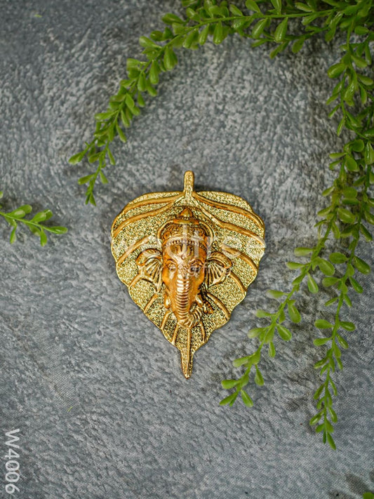 White Metal Wall Hanging Ganesha face on leaf  - Gold Finish - W4006