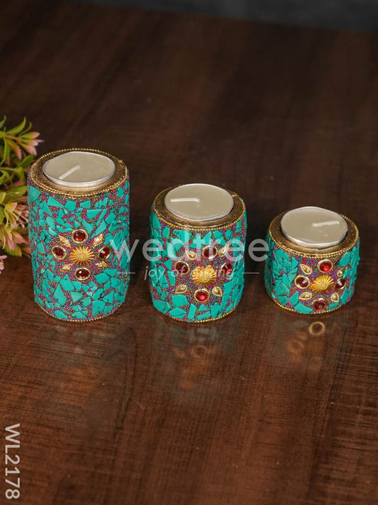 Wooden Candle Holder with Tile Work ( set of 3) - WL2178