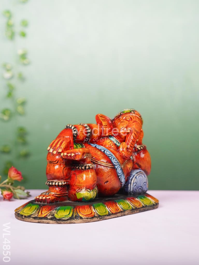 Wooden Carved Sleeping Ganesha Idol - 9 inch - WL4850