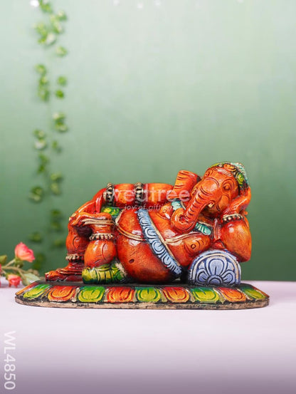 Wooden Carved Sleeping Ganesha Idol - 9 inch - WL4850
