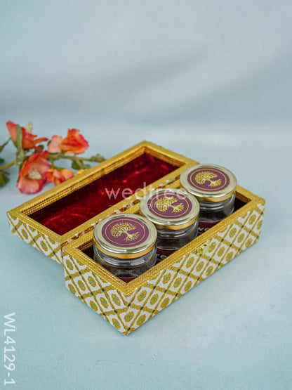 Wooden Dry Fruit Container with 3 glass jars - Meenakari Work - WL4129