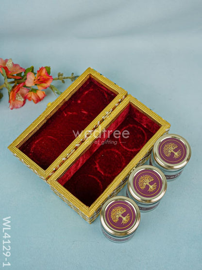 Wooden Dry Fruit Container with 3 glass jars - Meenakari Work - WL4129