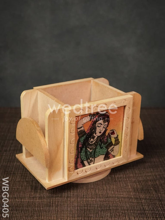 Wooden Hand Painted Revolving Pen Stand with Card Holder - WBG0405