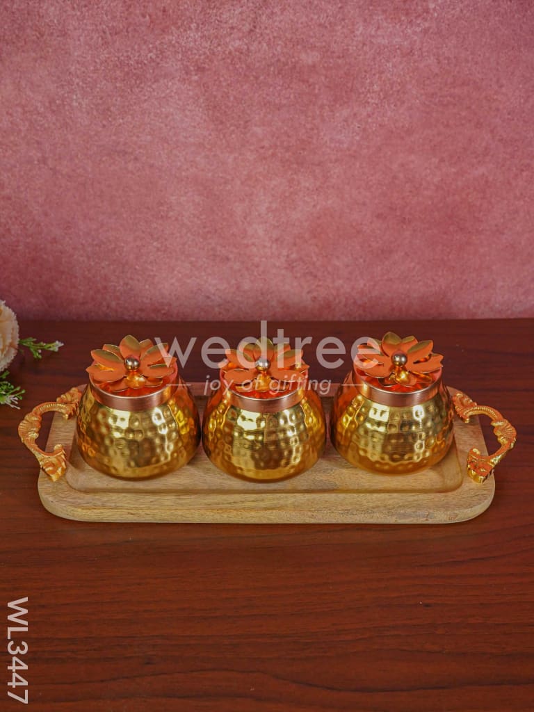 Wooden Plate with 3 Brass Dry Fruit Box - WL3447