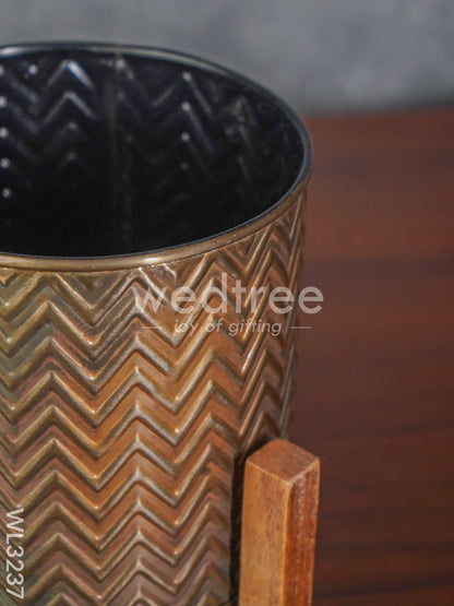 Zig Zag Design Embossed Planter with Wooden Stand - WL3237